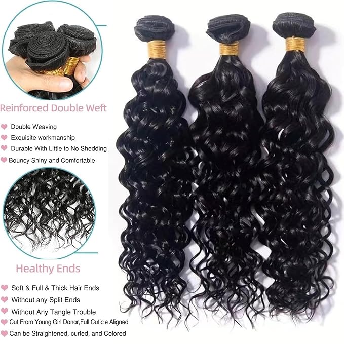SHWAlR Water Wave Bundles 10A Water Wave Human HairBundles Wet and Wavy Hair 3 Bundles WaterCurly Hair BundlesDouble Strong Weft Hair Extensions Natural Black Color for BlackWomen(18 18 18 inch)