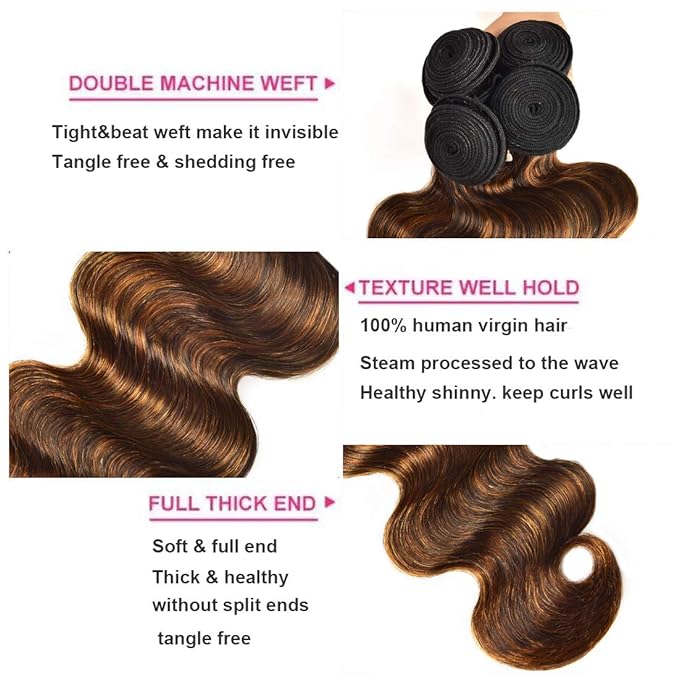 UNice Brown Highlight Body Wave Human Hair Weave 3 Bundles 8 10 12 inch, Brazilian Remy Hair Ombre Blonde Human Hair Wavy Weaves Sew in Piano Color TFB30