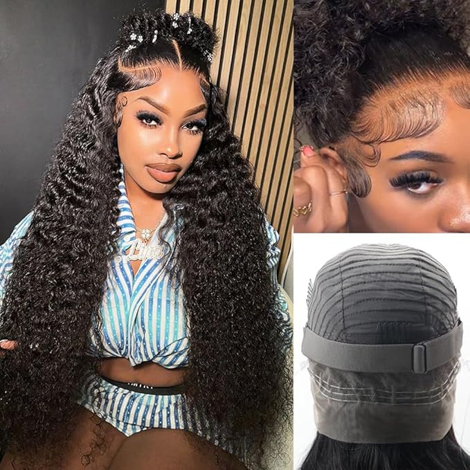 Hidden Strap 360 Deep Wave Lace Front Wigs Human Hair 220% Density 360 Glueless Wigs Human Hair with Drawstring 360 Deep Wave Curly HD Full Lace Front Wigs Human Hair Pre Plucked 22 inch
