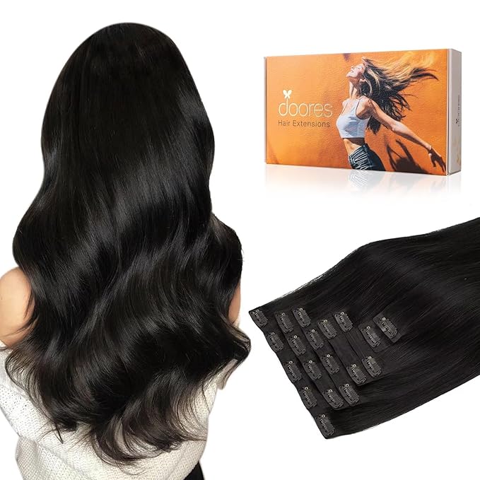 DOORES Clip in Hair Extensions Human Hair, Natural Black 150g 7pcs 22 Inch,Human Hair Extensions Invisible Edge Clip-in Natural Weft for Women