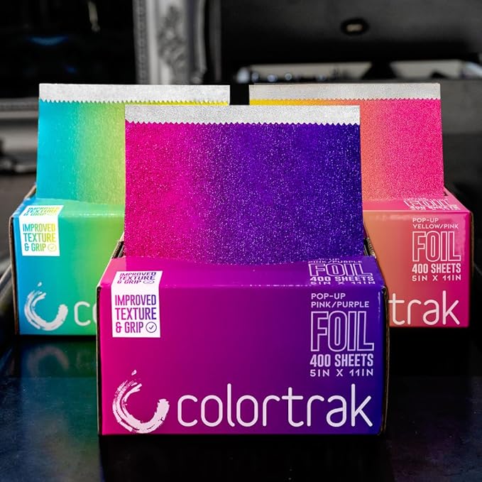 Colortrak Pink/Purple Gradient Pop-up Foil w/Dispenser (400 Count), Pre-cut Sheets, Non-Slip Embossed Texture, 5" x 10.75" Sheets for Hair Foil Coloring and Highlighting Sheet Applications