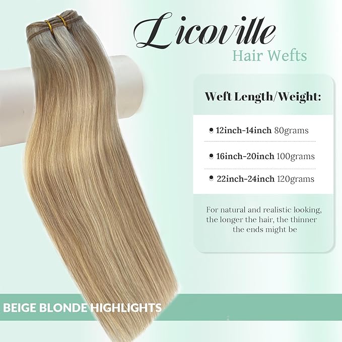Sew in Hair Extensions Real Human Hair Highlights Blonde Weft Hair Extensions Human Hair Hand Tied 24 Inch Long Straight Beige Blonde and Platinum Highlight Hair Bundles for Sew in 120G