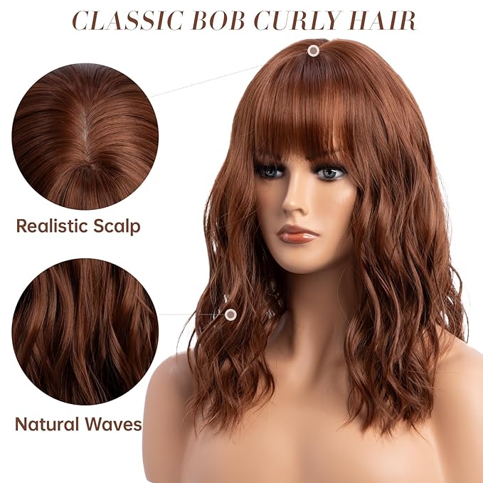 Medium Length Warm Ginger Wavy Wigs for Women 16 Inch Dark Auburn Wavy Wig Natural Looking Synthetic Heat Resistant Fiber Wig for Daily Party Use (16 inch)