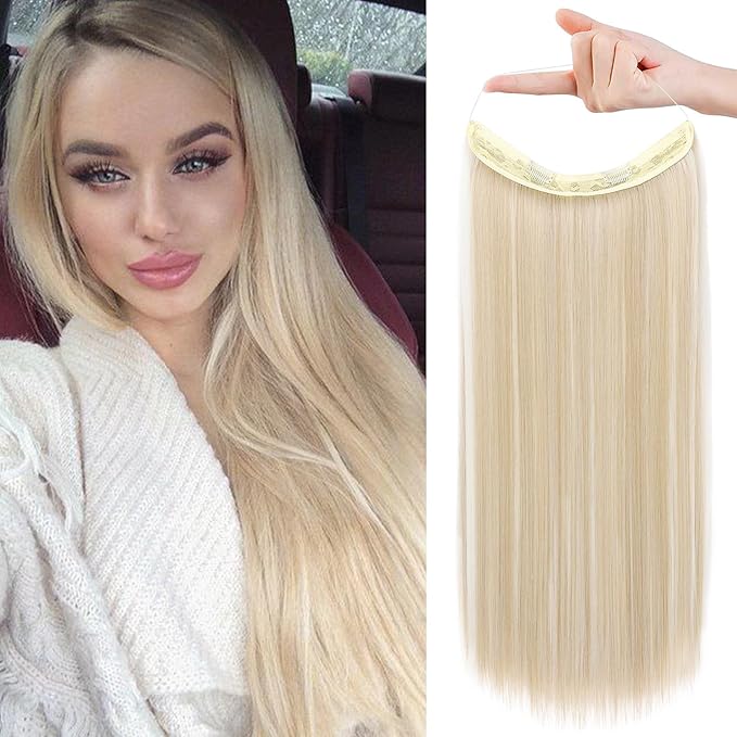 REECHO Invisible Wire Hair Extensions with Transparent Headband Adjustable Size Removable Secure Clips in Straight Secret Hairpiece for Women (24 Inch (Pack of 1), Ash Blonde with Highlights)