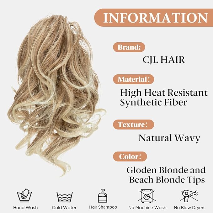 CJL HAIR Claw Clip Short Ponytail Hair Extensions DIY Bendable Metals Messy Bun Hair Piece for Wonen Wavy Curly Synthetic Fake Hairpieces Gloden Blonde and Beach Blonde Tips