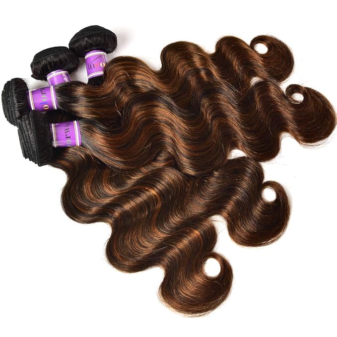 UNICE Brown Highlight Body Wave Human Hair 3 Bundles with 4x4 lace closure Free Part, Brazilian Remy Hair Ombre Human Hair Wavy Weaves FB30 Color 14 14 16+14 Closure