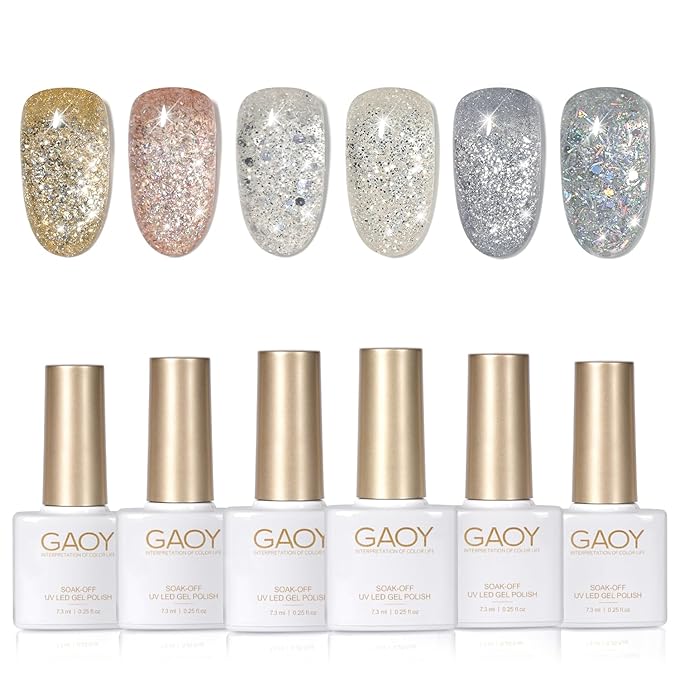 GAOY Glitter Gel Nail Polish Set, 6 Colors Silver Gold Champagne Sparkly, Soak Off UV Cure Gel for DIY Manicure at Home