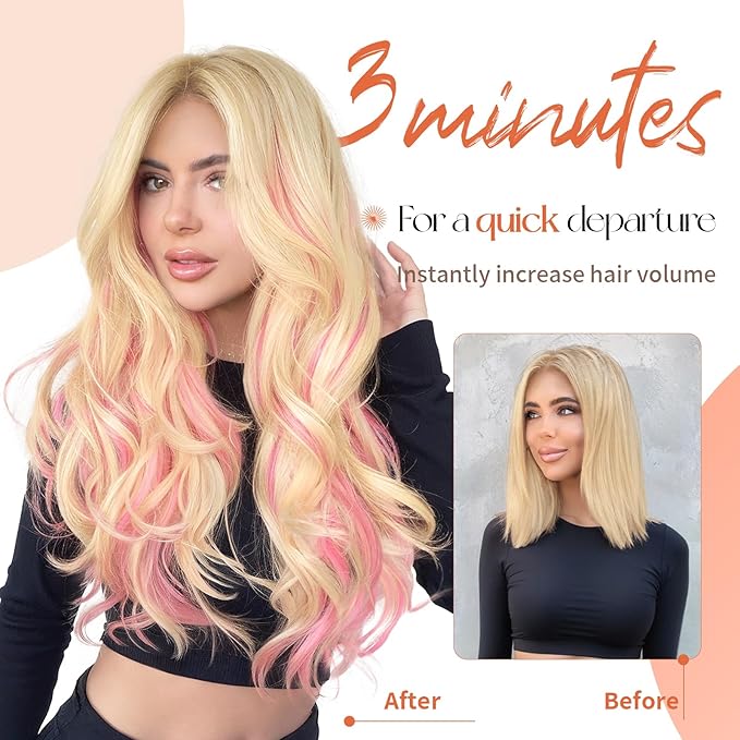 Kookastyle Clip in Hair Extensions, Natural Long Layered Soft Invisible Synthetic Curly Hairpieces for Women,4 pcs(20 Inch, Blonde with Pink)