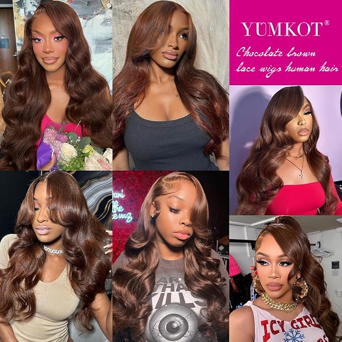 13x6 Chocolate Brown Body Wave Lace Front Wigs Human Hair Pre Plucked with Baby Hair 18Inch 180% Density Full HD Transparent Lace Frontal Wigs for Women Colored Wigs