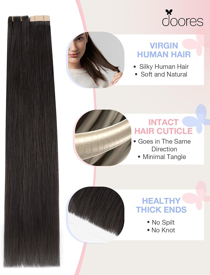 DOORES Invisi Edge Human Hair Tape in Extensions, Natural Black 10 Injection Tape-ins with 10 Classic Tape-ins 50g 18 Inch, Injection Tape in Extensions Virgin Human Hair Thick Ends