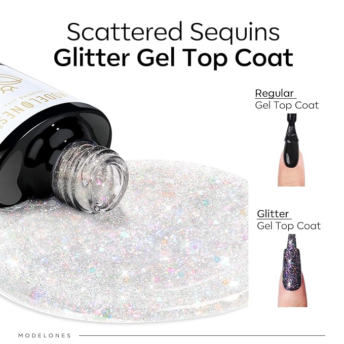 modelones Glitter Gel Nail Polish Top Coat, Rainbow Confetti Gel Top Coat with Scattered Sparkle Shimmer Sequins, Soak Off Long Lasting High Glossy Finish Home Salon DIY Manicure Nail Art