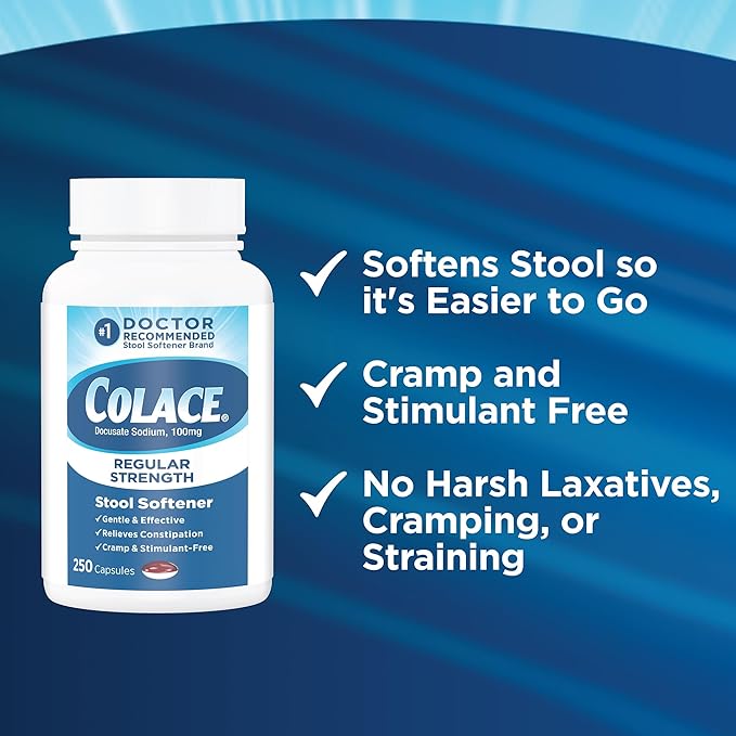 Colace Regular Strength Stimulant-Free Stool Softener 100mg, Docusate Sodium Laxative for Safe Occasional Constipation Relief, Cramp-Free, Irregularity Treatment for Adults & Children 2+, 250 Capsules