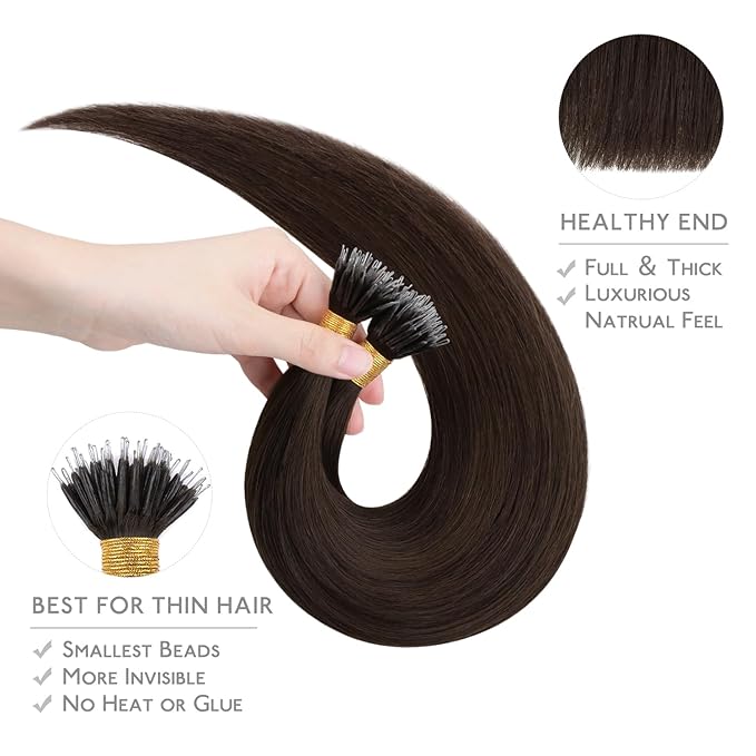WENNALIFE Nano Bead Hair Extensions, 50g 100s 14 Inch Light Dark Brown Real Human Hair for Women Invisible Nano Ring Remy Hair Extensiones De Cabello Humano Fusion Installation