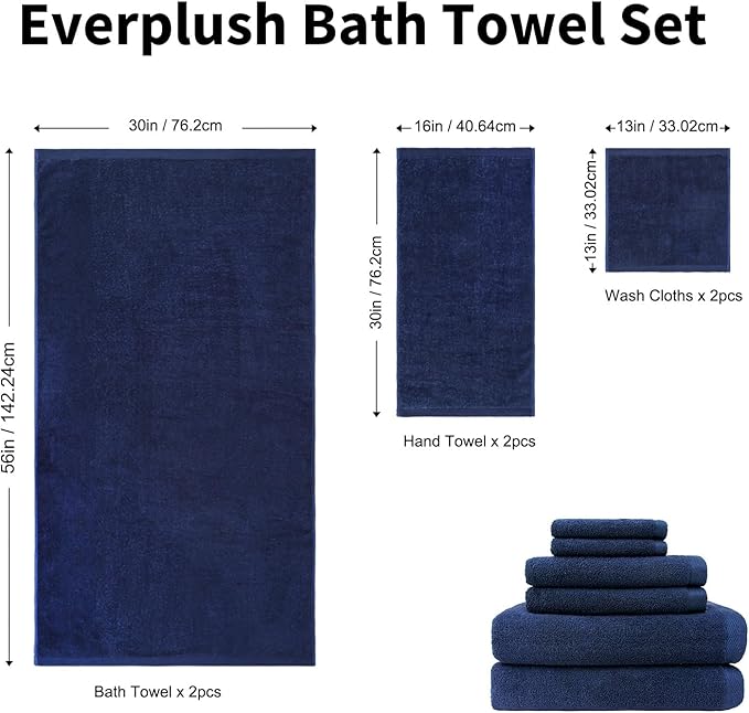 Everplush Classic 6 Pcs Luxury Bath Towels Sets,Highly Absorbent and Quick Dry Extra Large Bath Towel, Super Soft Towel for Bathroom, Pool, Swim (Navy Blue, Bath Towels 6PK)