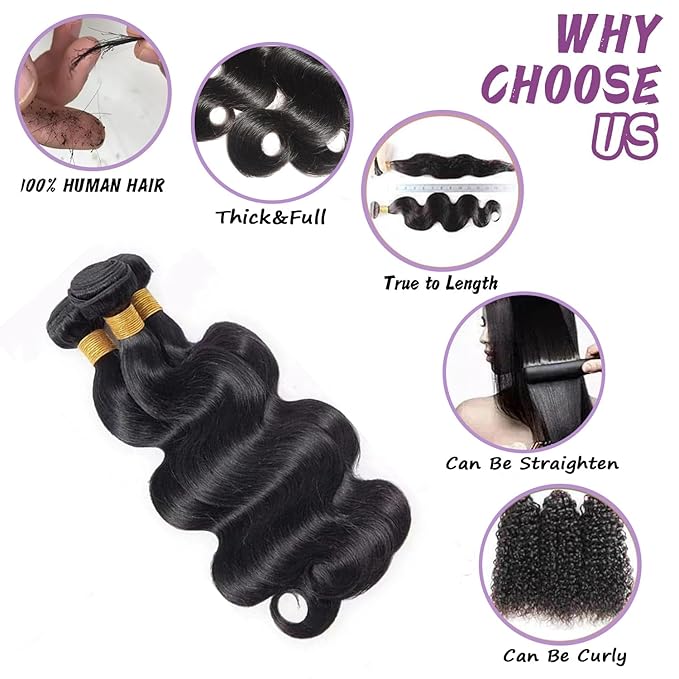 4 Bundles Human Hair Body Wave 16 18 20 22 Inch 12A Quick Weave 100% Human Hair Bundles Natural Black Color