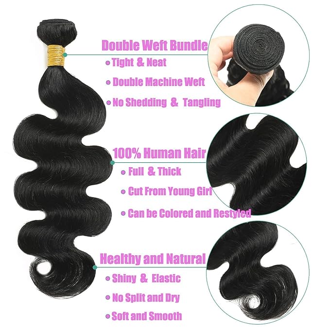 12A Body Wave Human Hair Bundles with Closure (20 22 24 +18,Free Part) Closure with 3 Bundles Brazilian Virgin Hair Extensions with Pre Plucked with Baby Hair 5X5 HD Lace Closure Natural Black Color