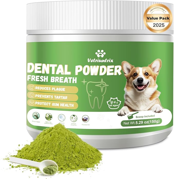 Dog Teeth Cleaning Powder, Dog Dental Powder for Tartar Remove & Plaque Off, Fresh Breath for Dogs with Natural Plant Blend, Enzymes and Probiotics, 150g
