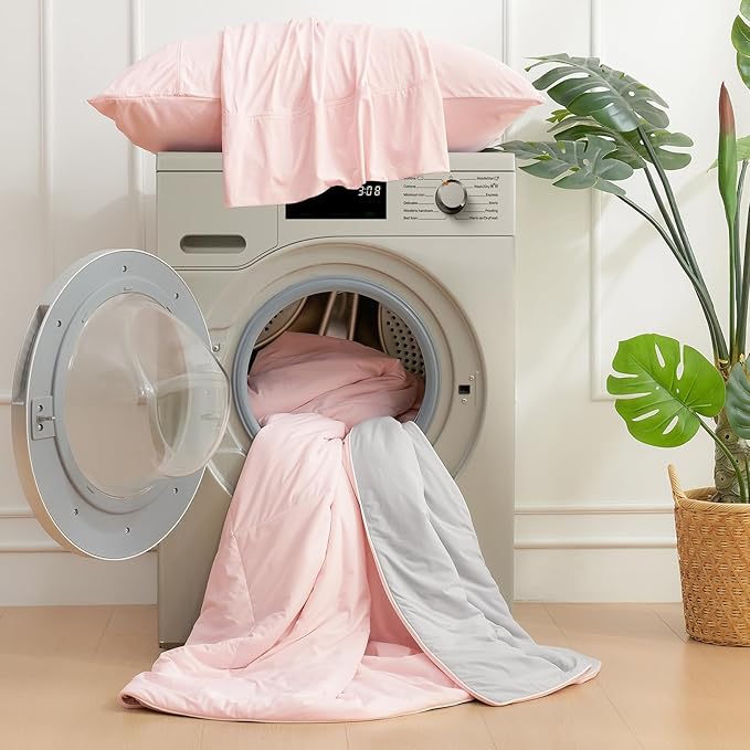 Cozy Bliss Cooling Comforter Queen Size, Cooling Blankets for Hot Sleepers and Night Sweats, Pink Gray Summer Comforter for Queen Size Bed, Breathable Soft Lightweight Silk Smooth