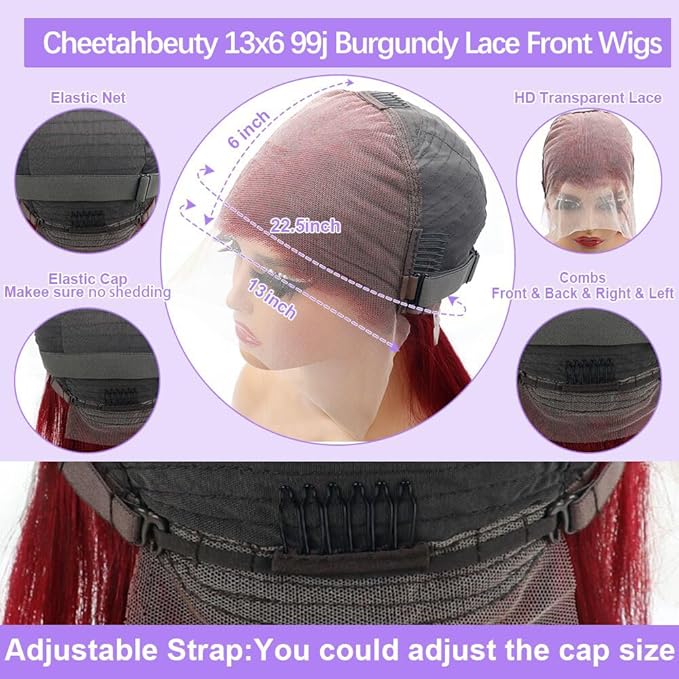 CHEEETAHBEAUTY Burgundy Lace Front Wigs Human Hair 32Inch 13x6 Burgundy Wig 220% Density Brazilian Virgin Straight Human Hair Wigs for Women Pre Plucked with Baby Hair