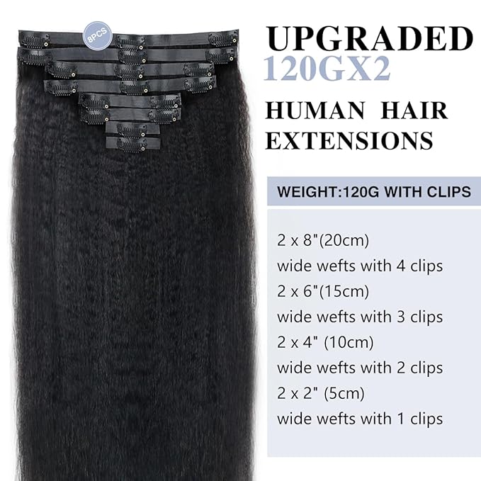 Kinky Straight Clip in Hair Extensions Real Human Hair 2 Pack 240g Seamless Clip in Hair Extensions for Women Full Max with 16Pcs PU Skin Weft 14inch Natural Black