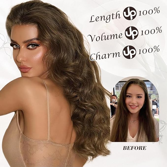 BARSDAR Beach Wavy Dark Brown Clip in Hair Extensions – 6 PCS Dark Brown Wavy Clip in Hair Extensions for Women - Thick Soft Synthetic Full Head Long Voluminous Easy Wear Hairpieces Daily Party