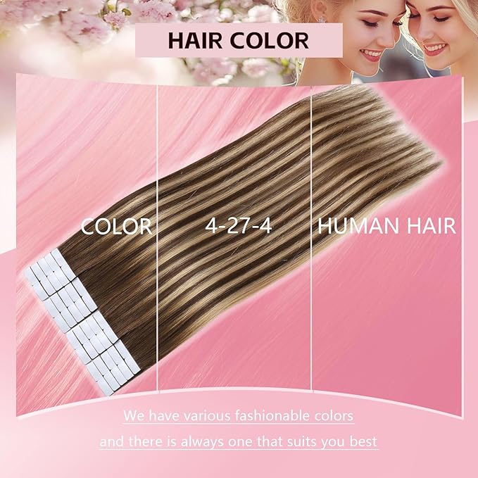 Invisible Tape in Hair Extensions Real Human Hair 3rd-Generation #4/27/4 Chocolate Brown to Caramel Blonde 20pcs 50g 22inch Insert Hand-Tied Invisi Edge Tape ins Extensions（#4/27/4a-22inch）