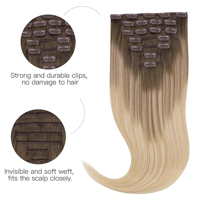 HOTBANANA Human Hair Clip in Hair Extensions, Balayage Caramel Blonde Hair Extensions 120g Real Human Hair Straight Remy Hair Clip Ins 16 Inch 7pcs