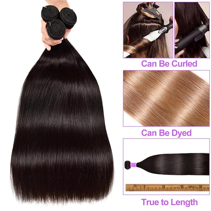 Bundles with Closure Brazilian Straight 4 Bundles with Closure 100% Unprocessed Human Hair Extensions 4x4 Free Part Lace Closure Natural Color (Straight Bundles With Closure, 18 20 22 24+16)
