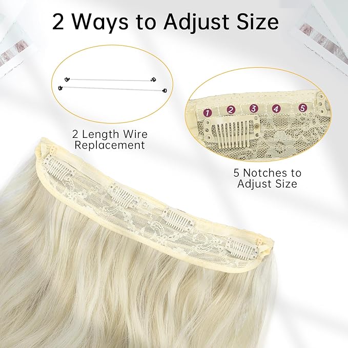KooKaStyle Invisible Wire Hair Extensions with Transparent Wire Adjustable Size 4 Secure Clips Long Wavy Secret Hairpiece 20 Inch Platinum Blonde for Women