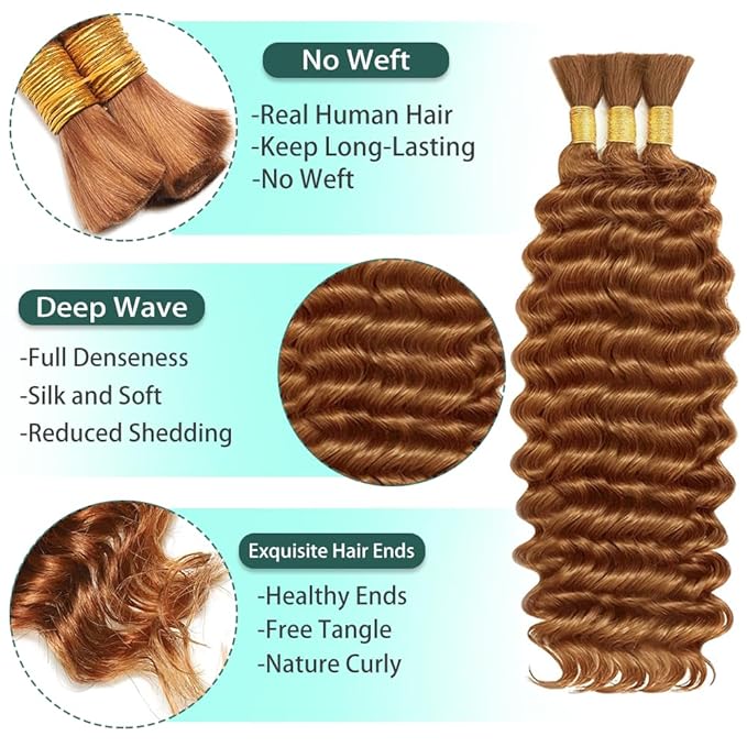 Braiding Hair Deep Wave Bulk Human Hair 20 Inch Chocolate Brown Deep Wave Bulk 3 Bundles No Weft Brazilian Virgin Wet and Wavy Bundles