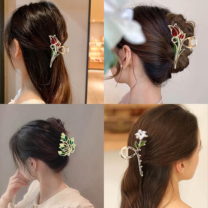 3-Piece Floral Metal Hair Accessories: Lily Leaves Tulip Barrettes, Strong Hold Non-Slip Hair Clamps for Thin/Medium Thick Hair