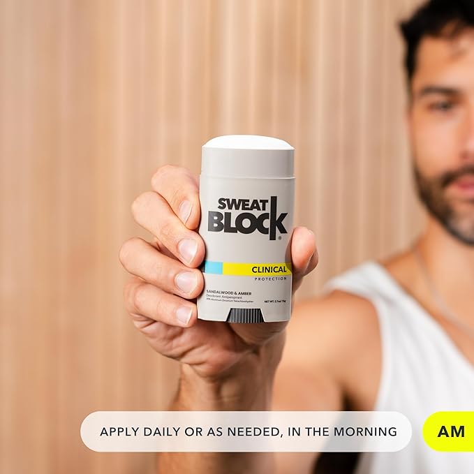 SweatBlock Antiperspirant Deodorant System | MAXIMUM CLINICAL STRENGTH for Men & Women | Hyperhidrosis Aid for up to 7 Days Sweat Control | Roll On 1.2 fl oz + Sandalwood & Amber Deo Stick 2.7oz