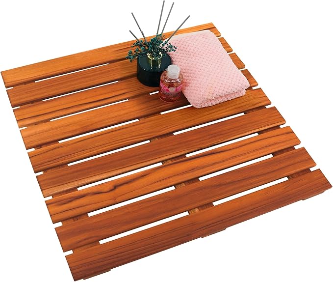 VaeFae Teak Shower Mat, Non-Slip Bath Mat, Luxury Spa Mat, Wooden Mat for Bathtub, 20 x 20 in