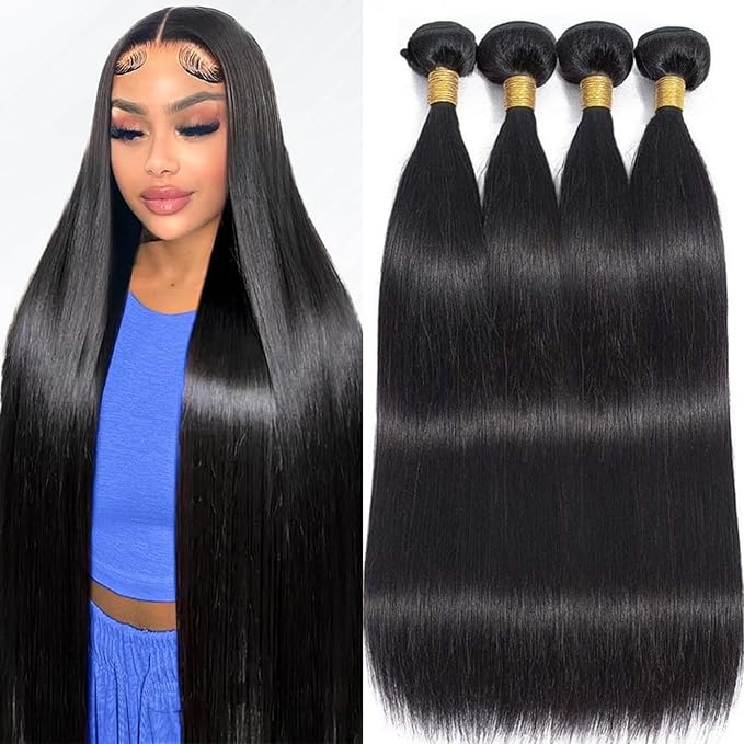 Human Hair Bundles,Straight 4 Bundles 28 28 28 28 Inch,16A Bundles Human Hair,100% Unprocessed Virgin Brazilian Hair Extensions Double Weft, Quick Weave Sew In Hair Bundle