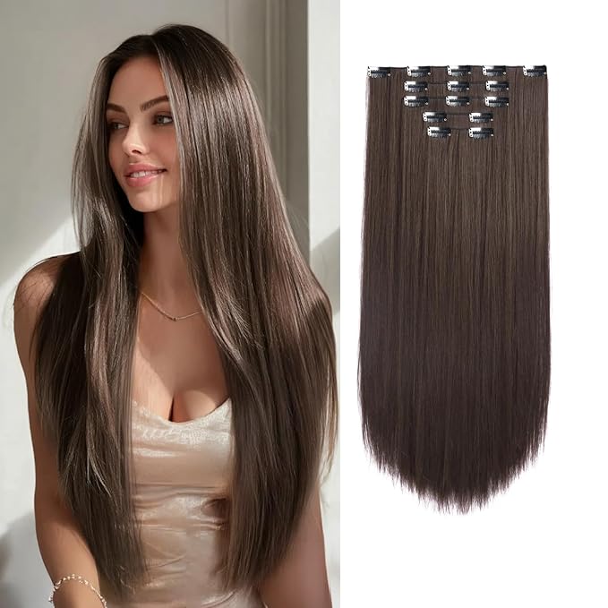 Dark Brown Clip in Hair Extensions 26 Inch Invisible Long Synthetic Extension 5PCS Straight Fake Heat Resistant Clips on Hairpieces for Women Girls Weddings Party Daily Use Full Head 8.1 Oz