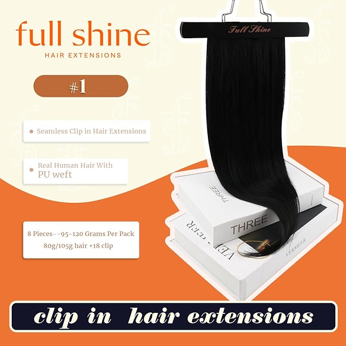 Full Shine Human Hair Clip in Extensions Black 14 Inch Seamless Hair Extensions Clip in Black Straight Invisible Human Hair Full Head Ease of Use 8 PCS 120 G