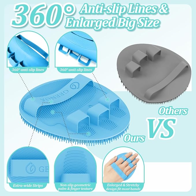 Silicone Back Scrubber & Bath Glove Set 2PCS, 13.4'' Gentle Shower Back Scrubber with Dual-Side Head Non-Slip Handle, 360° Anti-Slip Hand-fit Bath Glove for Rich Foaming Deep Cleaning(Blue)