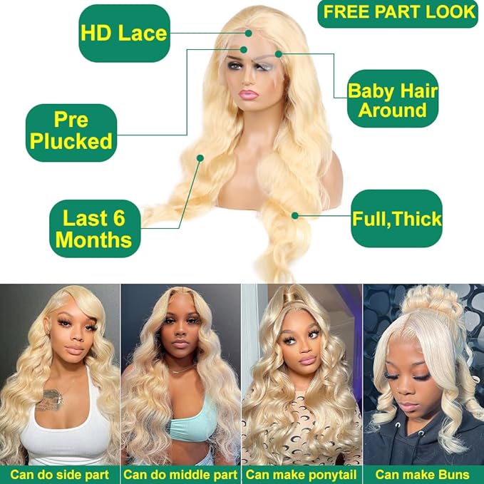 613 13x6 Lace Front Wig Human Hair 200% Density Blonde Wig Human Hair 13x6 HD Body Wave Lace Front Wigs Human Hair Pre Plucked Free Part 613 HD Lace Frontal Wig for Women 32 Inch