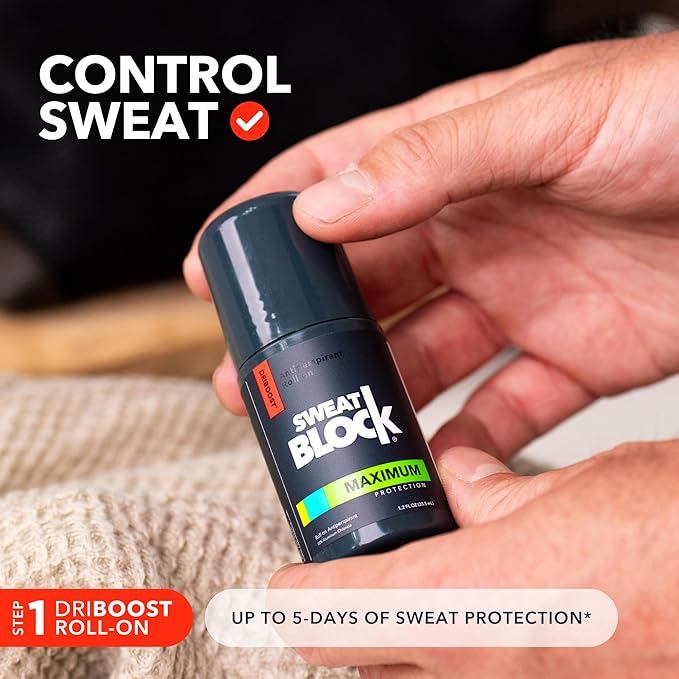 SweatBlock Antiperspirant Deodorant System | MAXIMUM CLINICAL STRENGTH for Men & Women | Hyperhidrosis Aid for up to 7 Days Sweat Control | Roll On 1.2 fl oz + Sandalwood & Amber Deo Stick 2.7oz