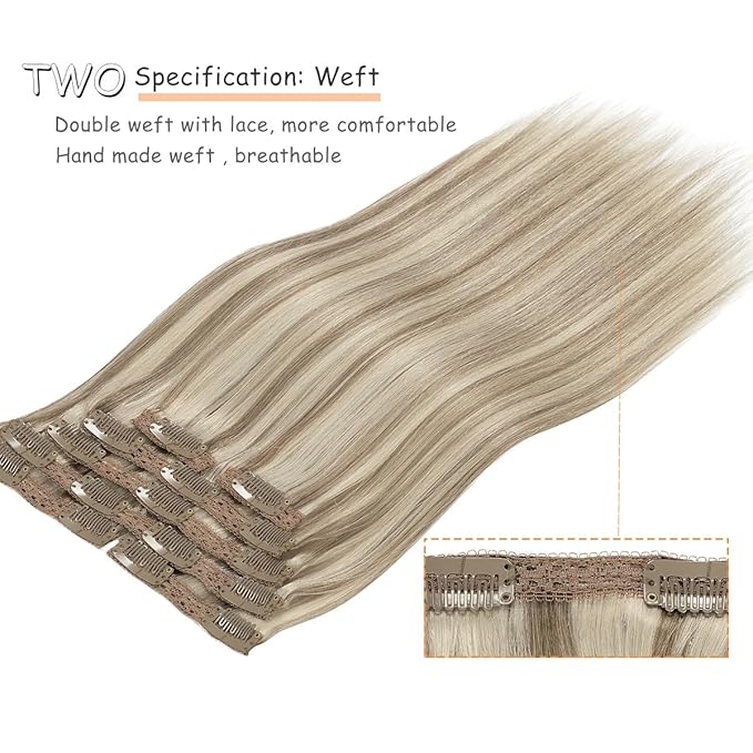 Caliee Hair Extensions Real Human Hair P18/613 Ash Blonde Highlighted Bleach Blonde Clip in Hair Extensions Double Weft Lace Clip in Hair Extensions 7PCS Straight 14Inch Long Straight