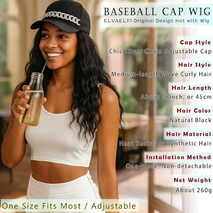 18-Inch Long Black Wig Hat, Synthetic Wavy Curly Wigs, Baseball Cap with Hair Extensions for Women