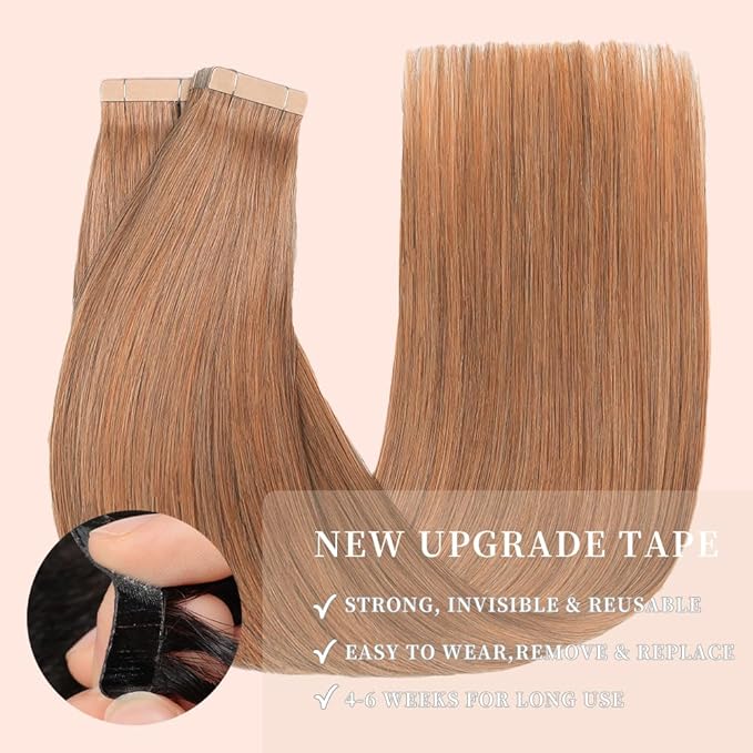 Light Brown Tape in Hair Extensions Human Hair, 20pcs 16 Inch Remy Hair Extensions Straight Human Hair Tape in Extensions Skin Weft Tape Extensions Human Hair (30#,16 Inch)