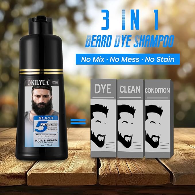 Mens Beard Dye for Men, 5 Minutes Black Beard Dye Shampoo 3 in 1, Mustache & Beard Color for Mens Gray Hair Coverage, Long Lasting & Easy Use, Root Touch Up Simpler Hair Color For Men, 200ML