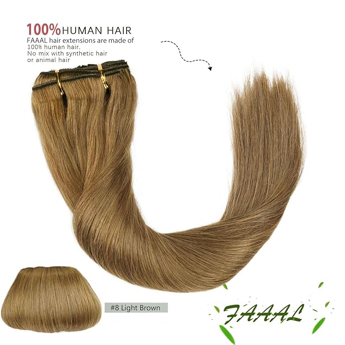14" Clip in Human Hair Extensions Full Head 110g 7 Pieces 16 Clips 8# Light Brown Double Weft Brazilian Real Remy Hair Extensions Thick Straight Silky (14" 110g, Light Brown)
