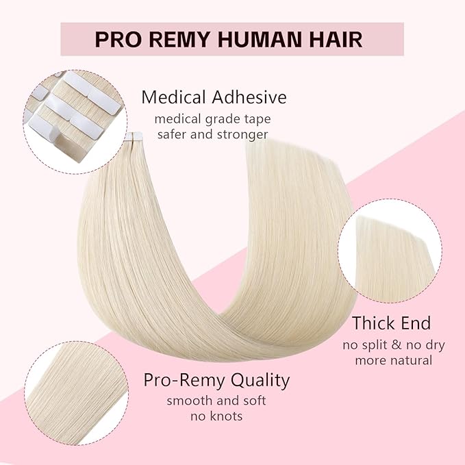 Invisible Tape in Hair Extensions Real Human Hair 3rd-Generation #60 Platinum Blonde 20pcs 50g 22inch Insert Hand-Tied Invisi Edge Tape ins Extensions 3rd-Generation（#60-22inch）
