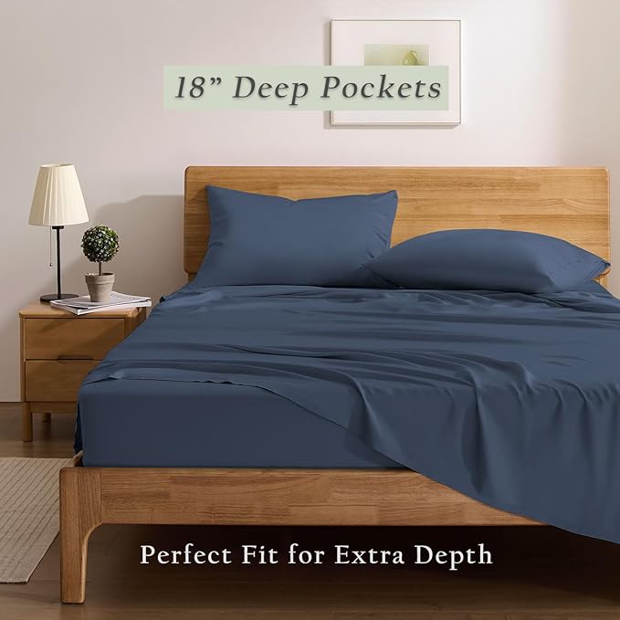 TOSMO Luxury Cooling Sheet Set - 100% Viscose from Bamboo, 4-Piece Bedding Set (Cal King Size) - 18” Extra Deep Pockets, Oeko-Tex Certified, Silky Soft and Breathable, Slate