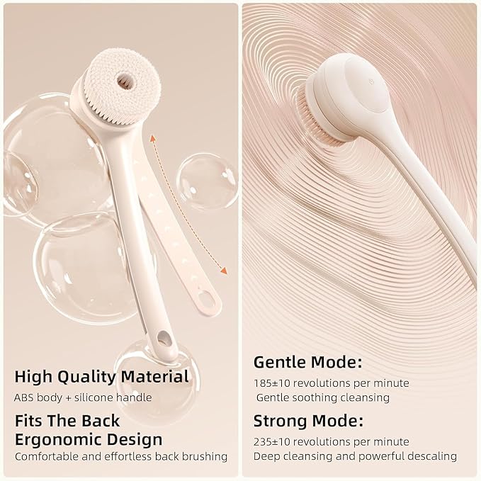 Electric Body Brush Back Scrubber for Shower, Waterproof Long Dual Handle Power Body Scrubber with 3 Heads, Rechargeable Bath Brush & 2 Speeds, for Cleansing, Exfoliating and Massaging Skin