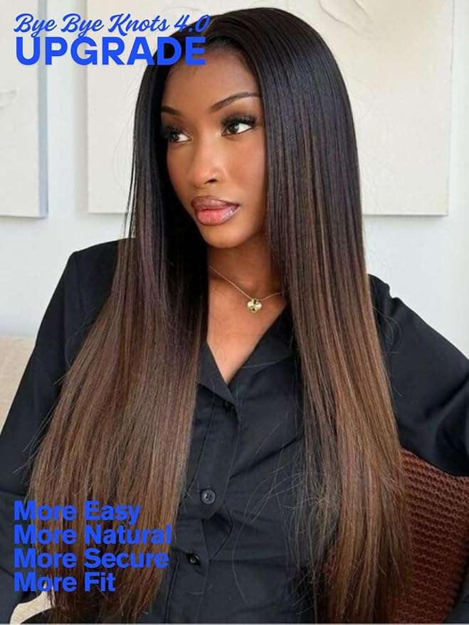 Nadula Chestnut Brown Ombre Yaki Straight Bye Bye Knots Glueless Drawstring Wig Human Hair, Pre Cut 7x5 Invisible Knots HD Lace Front Wigs Pre Plucked,Pre Everything Light Kinky Straight Wig 22inch