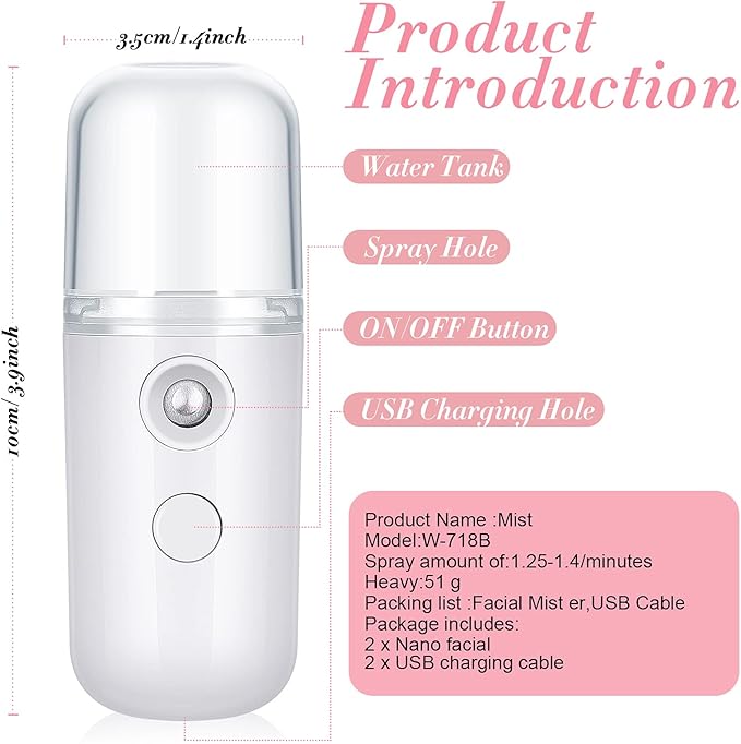 Honoson 2 Nano Facial Mister Sprayer Portable Face Nano Mister for Eyelash Extensions USB Rechargeable 1 oz Handy Skin Care Machine for Face Hydrating, Daily Makeup(Black and White)