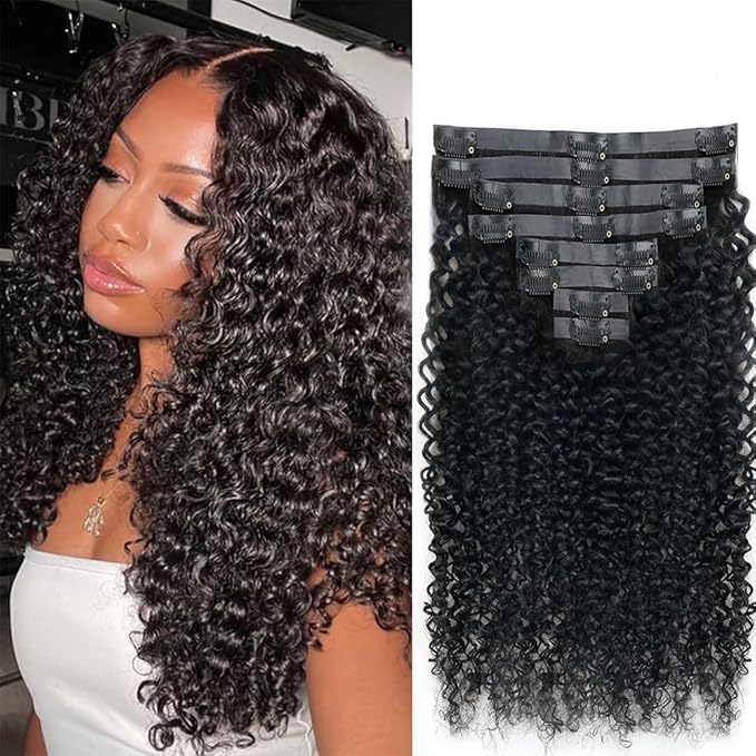 Seamless Curly Clip in Hair Extensions Real Human Hair Brazilian Virgin Human Hair Clip in Extensions 8Pcs Seamless Clip ins for Black Women with 18Clips PU Skin Weft 120g 24inch Natural Black